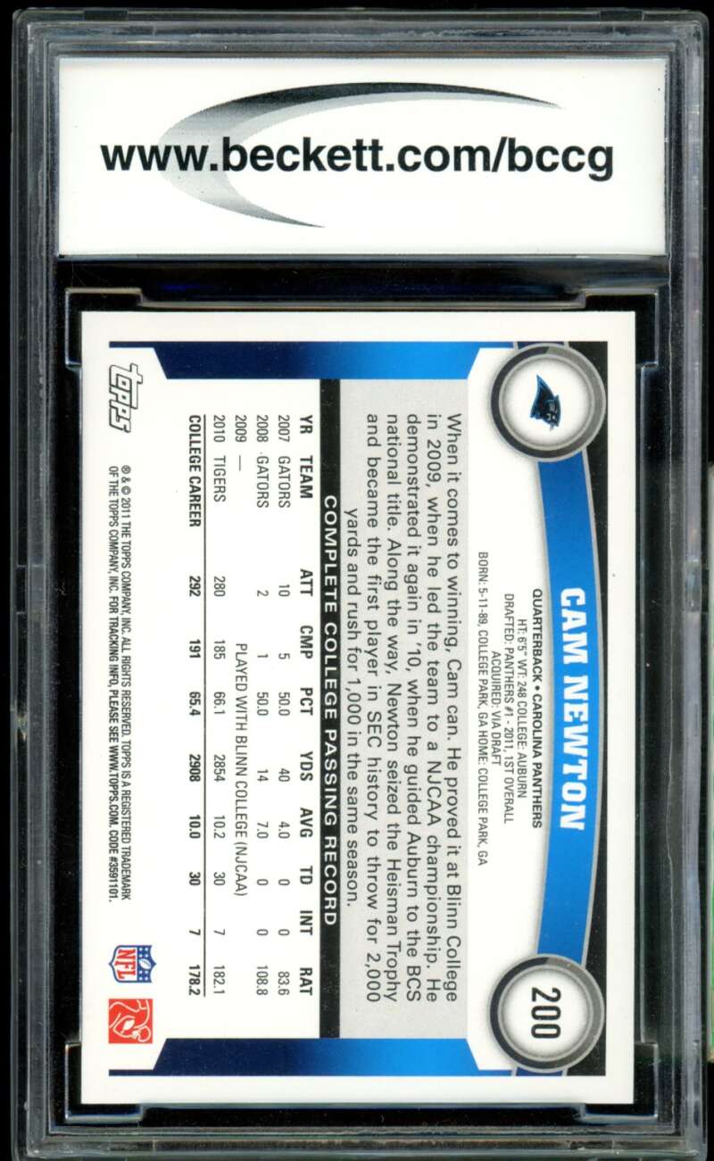 Cam Newton Rookie Card 2011 Topps #200A BGS BCCG 10 Image 2