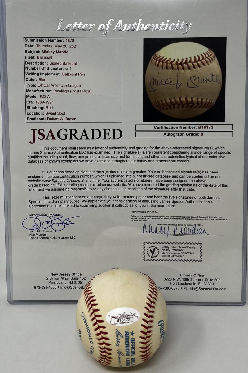 Mickey Mantle Autograph Signed Official American League Ball JSA Authentic Image 2