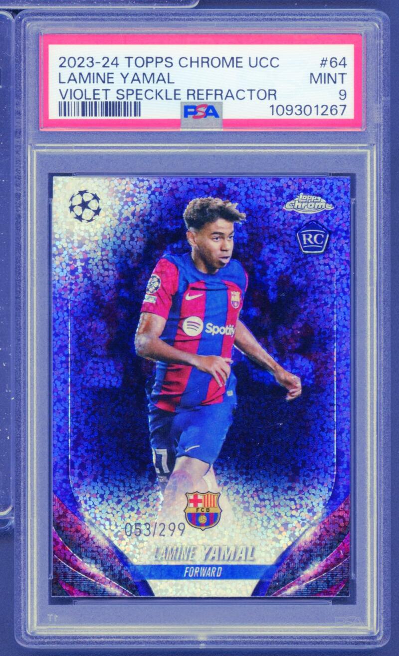 Lamine Yamal 2023-24 Topps Chrome UCC Violet Speckle Refractor RC  #64 PSA 9 Image 1