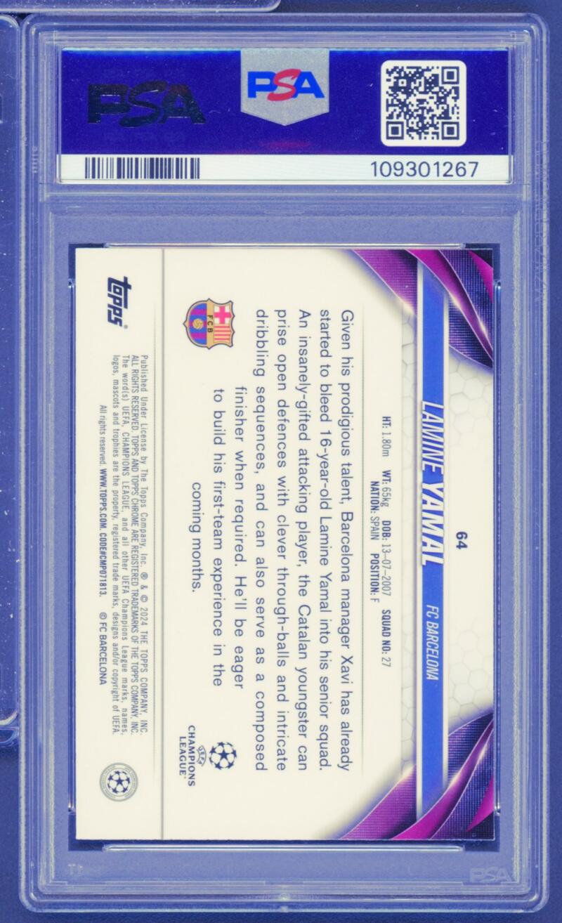 Lamine Yamal 2023-24 Topps Chrome UCC Violet Speckle Refractor RC  #64 PSA 9 Image 2