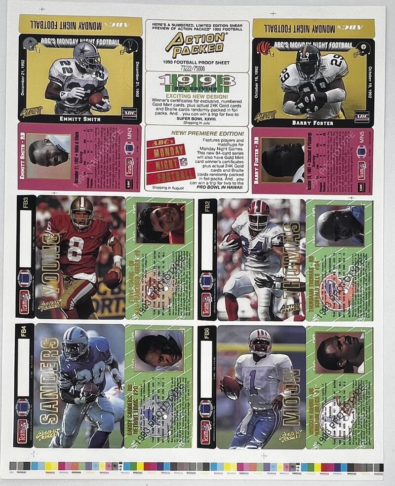 1993 Action Packed NFL Proof 11x13 Uncut Sheet  B. Sanders S. Young E. Smith Image 1