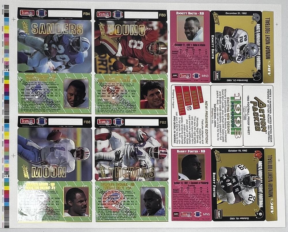 1993 Action Packed NFL Proof 11x13 Uncut Sheet  B. Sanders S. Young E. Smith Image 3