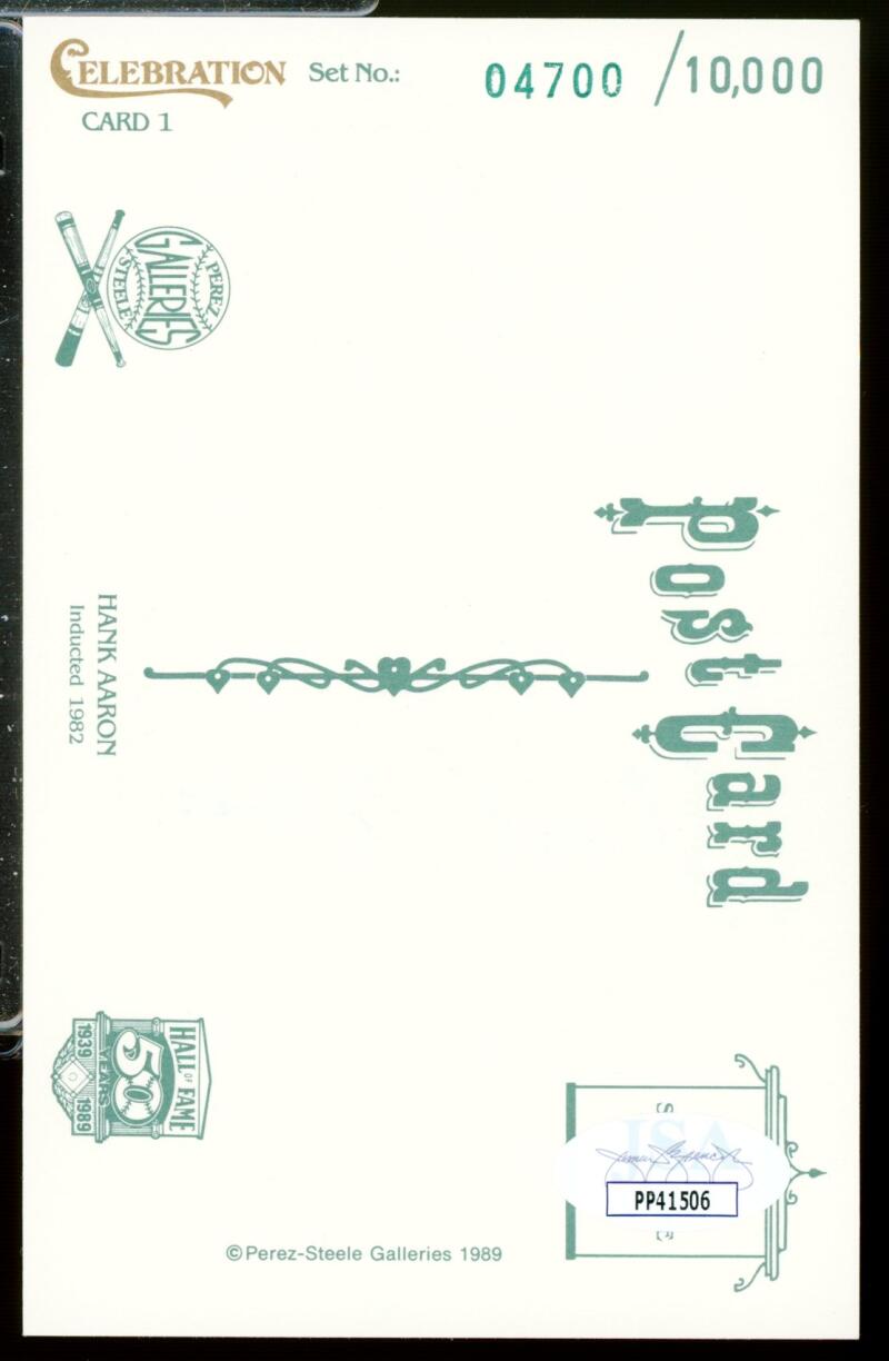 1989 Perez Steele Autograph Signed Hank Aaron H.O.F Postcard JSA Authentic /10000 Image 2