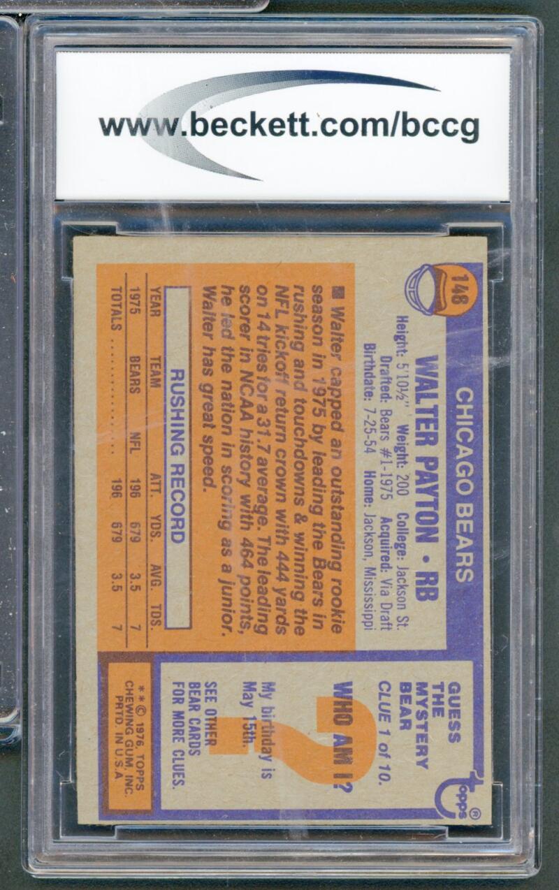 1976 Topps #148 Walter Payton Rookie Card BGS BCCG 9 Near Mint+ Image 2