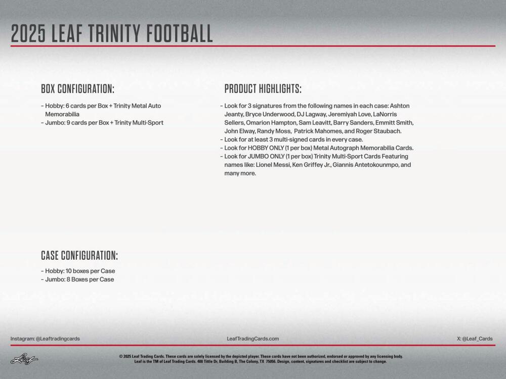 2025 Leaf Trinity Football Hobby Box Image 9