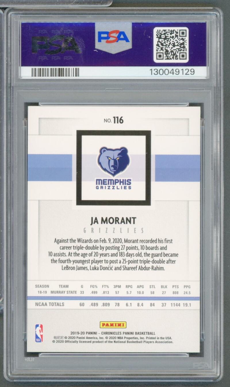 Ja Morant Rookie Card 2019-20 Panini Chronicles (Young Dolph) #116 PSA 10 Image 2