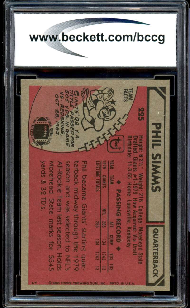 1980 Topps #225 Phil Simms Rookie Card BGS BCCG 9 Near Mint+ ...
