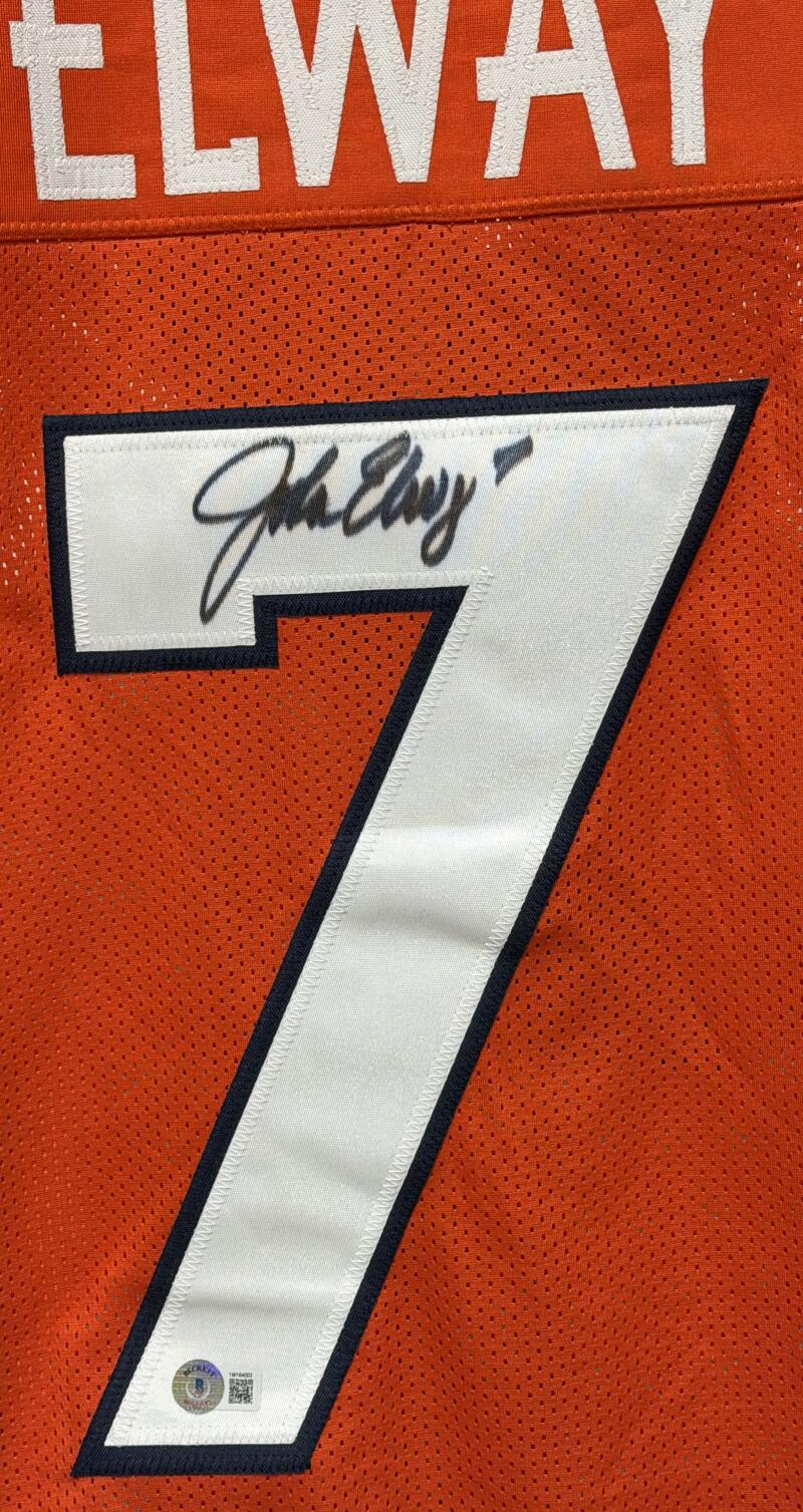 Autographed Signed John Elway Broncos Football XL Jersey Beckett