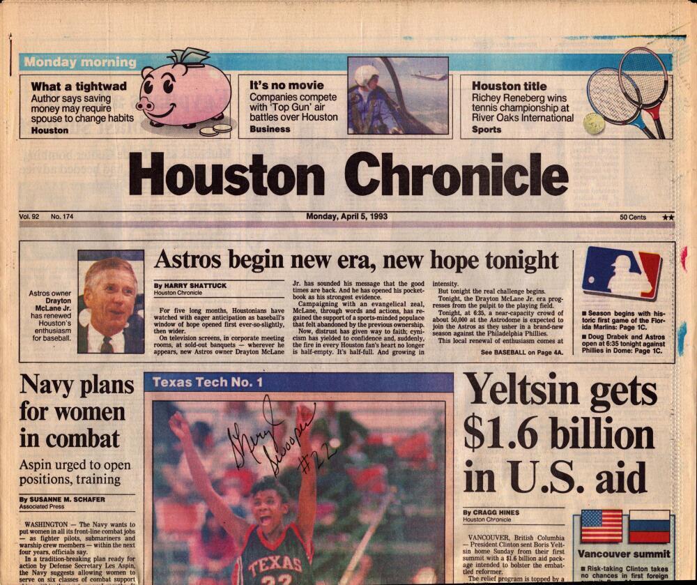 Sheryl Swoopes Red Raiders Autographed Signed 1993 Houston Chronicle Newspaper Image 1