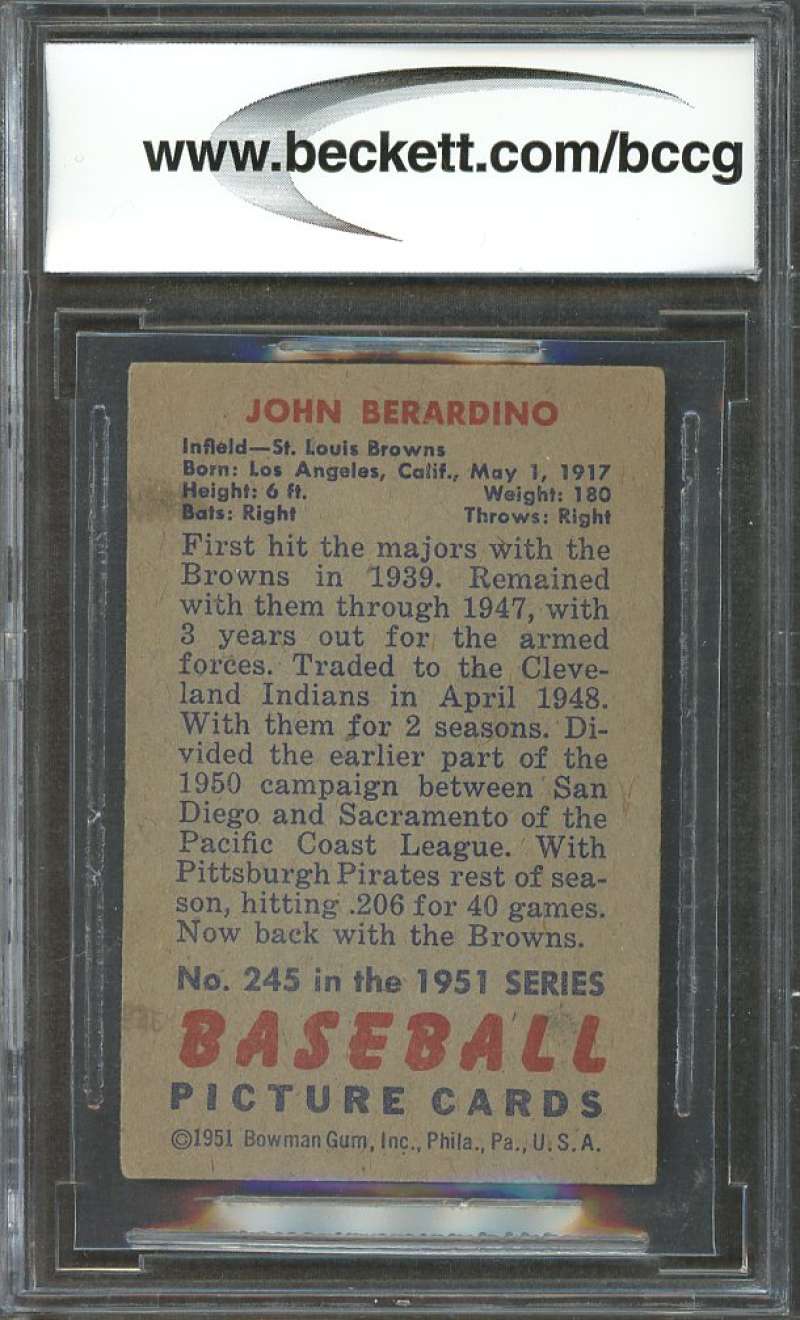 1951 bowman #245 JOHN BERARDINO st louis browns rookie (VG or BETTER) BGS BCCG 7 Image 2