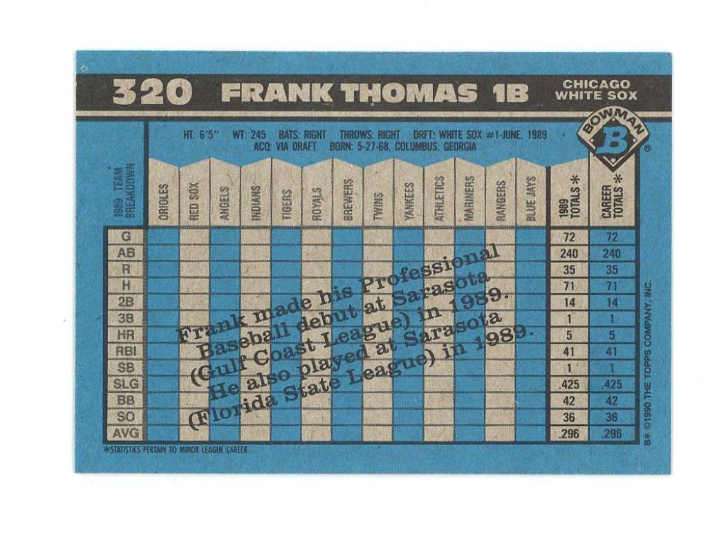 1990 Bowman  320 Frank Thomas Rookie Card  Image 2