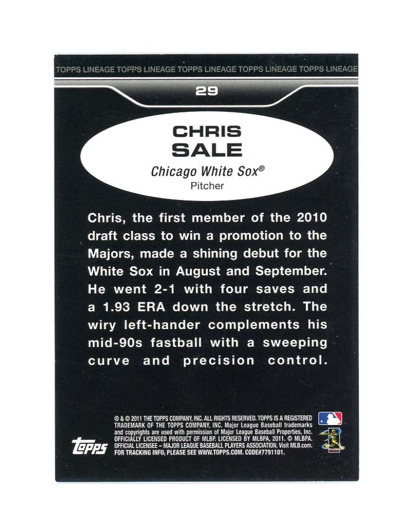 2011 Topps Lineage  29 Chris Sale Rookie Card  Image 2