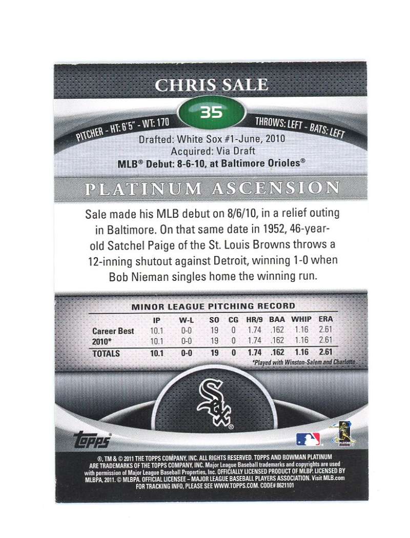 2011 Bowman Platinum 35 Chris Sale Rookie Card  Image 2