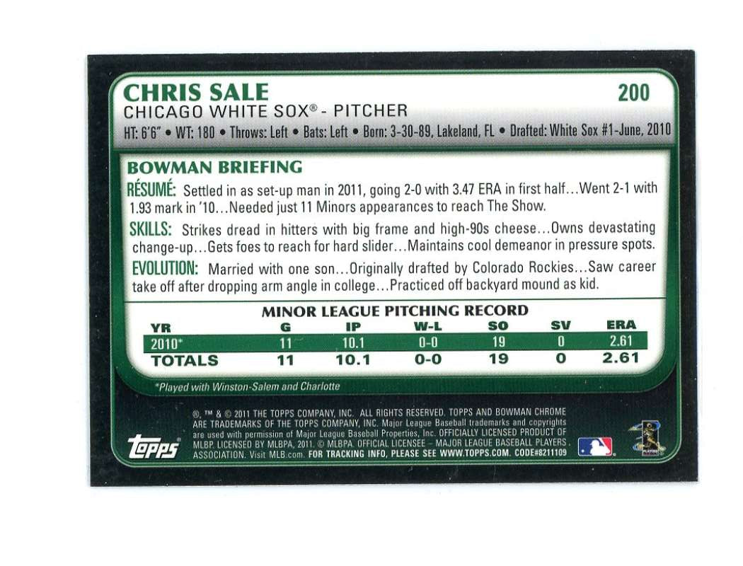 2011 Bowman Chrome  200 Chris Sale Rookie Card  Image 2