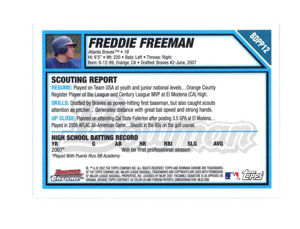 2007 Bowman Draft Picks n Prospects Chrome Draft Picks bdpp12 Freddie Freeman Rookie Card  Image 2