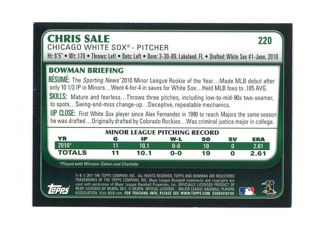 2007 Bowman Gold  220 Chris Sale Rookie Card  Image 2