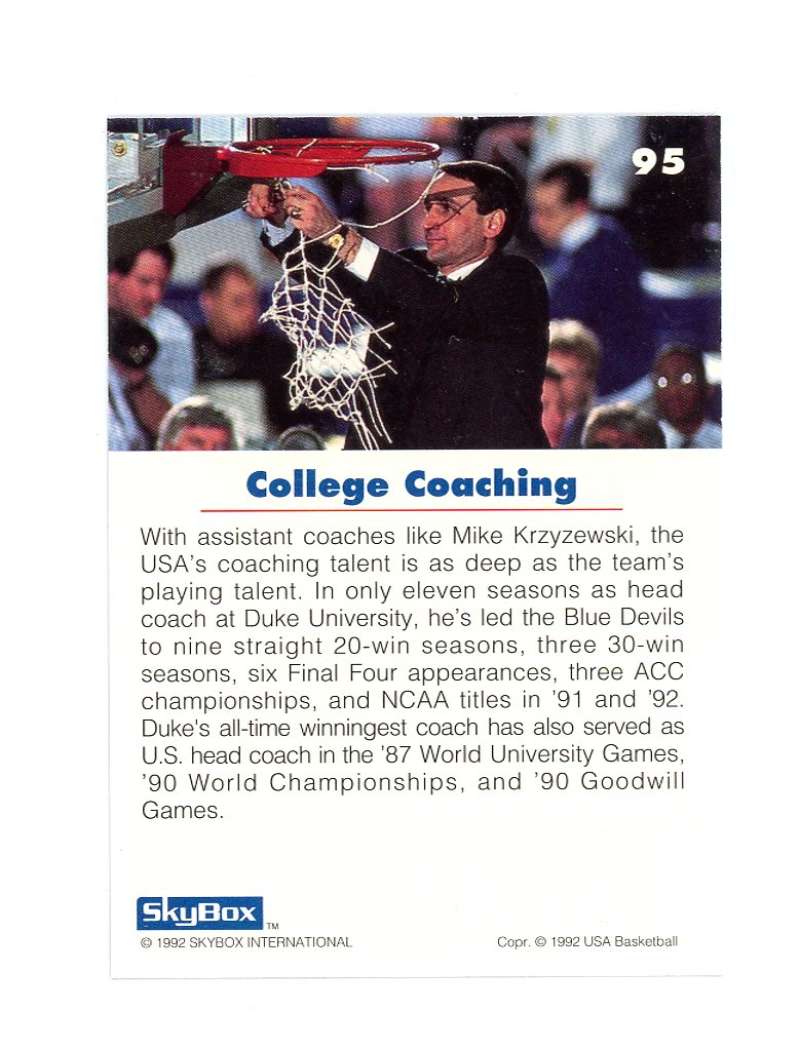 1992 Skybox USA  95 Mike Krzyewski Rookie Card  Image 2