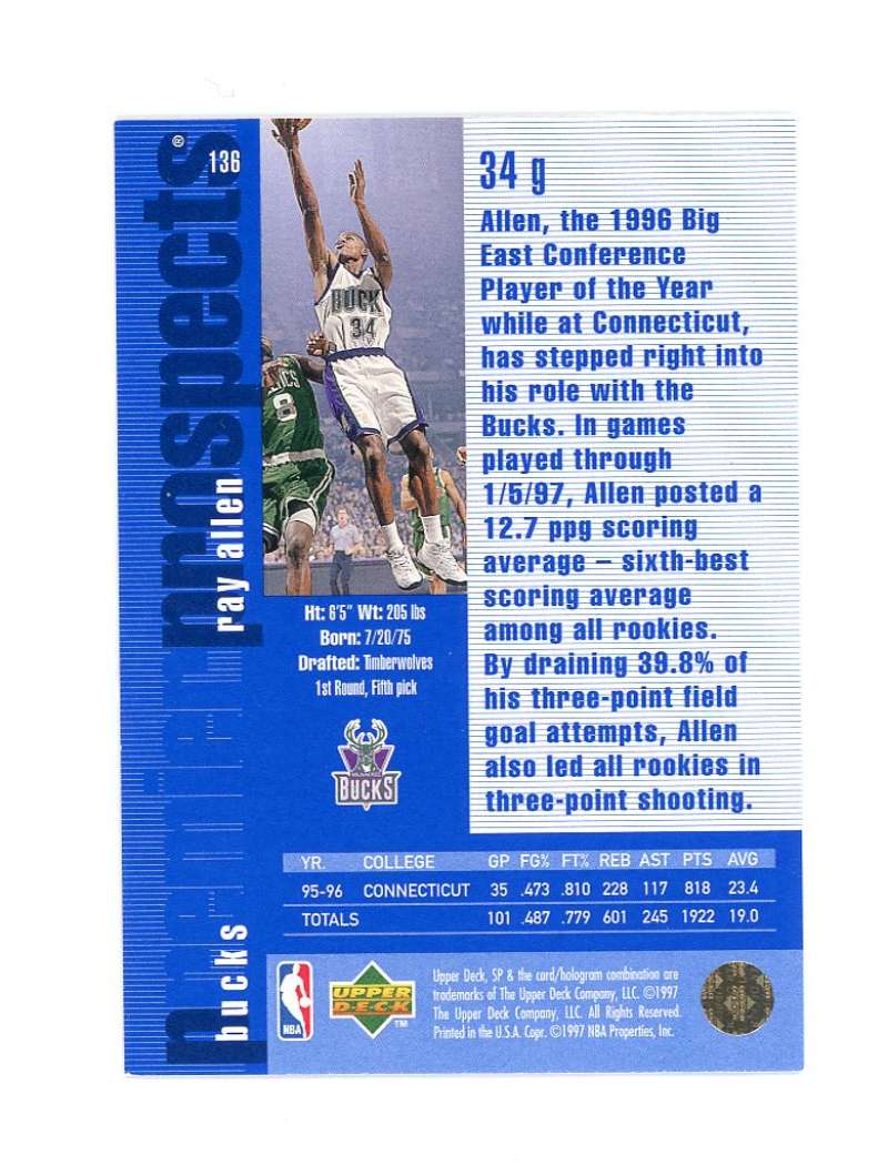 1996-97 Upper Deck SP  136 Ray Allen Rookie Card  Image 2