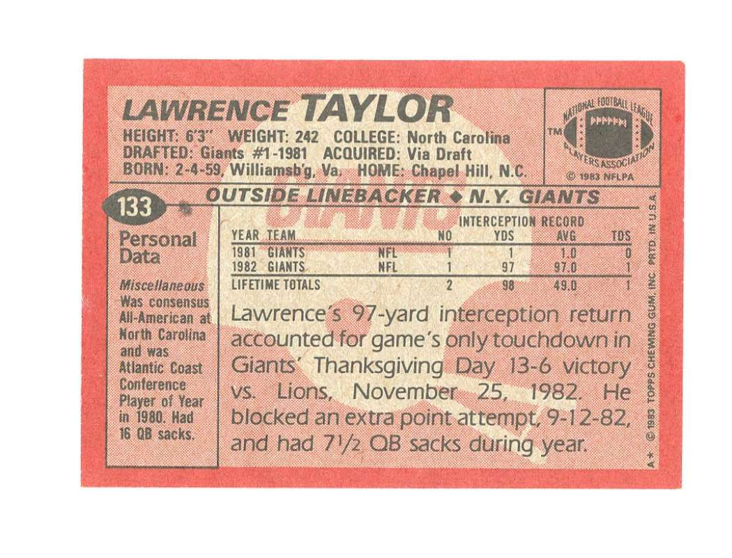 1983 Topps 133 Lawrence Taylor 2nd Year Card Image 2