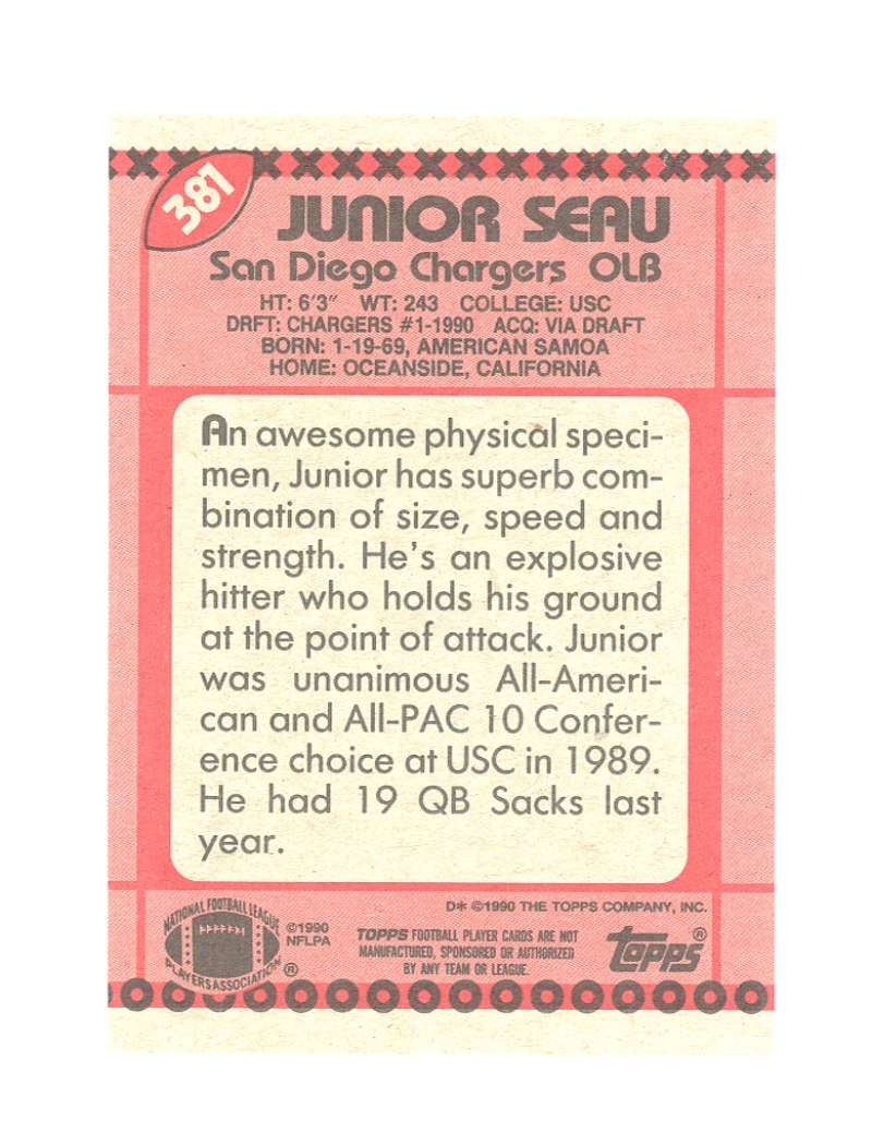 1990 Topps Super Rookie  381 Junior Seau Rookie Card  Image 2