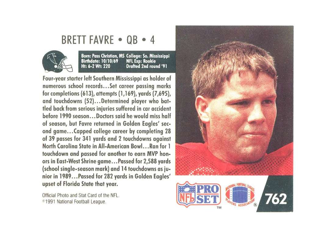 1991 Pro Set  762 Brett Favre Rookie Card  Image 2