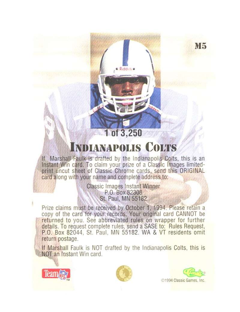 1994 Classic Colts Redemption m5 Marshall Faulk Rookie Card  Image 2