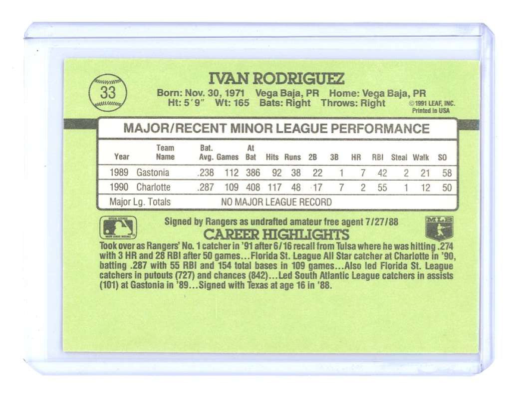 1991 donruss #33 IVAN RODRIGUEZ texas rangers rookie card- Image 2