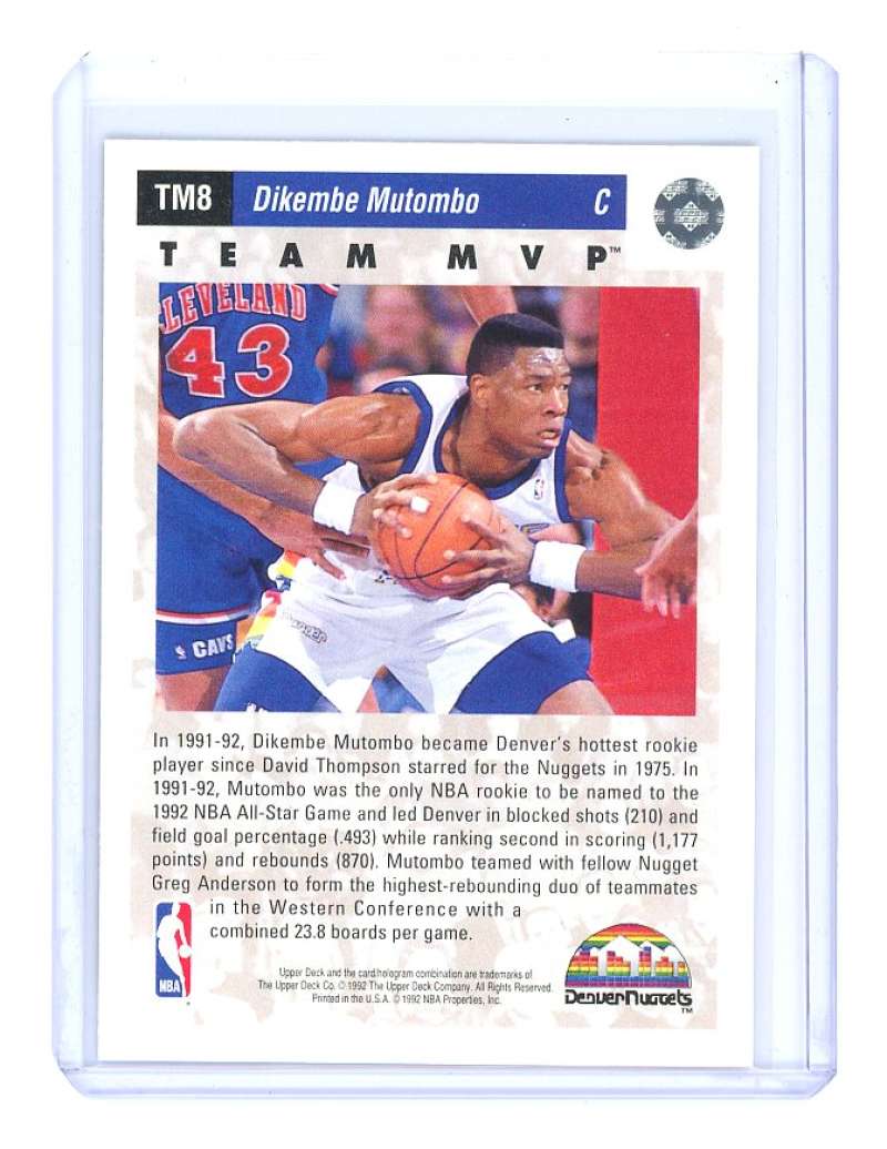 1992-93 upper deck team mvp #TM8 DIKEMBE MUTUMBO denver nuggets 2nd year card- Image 2