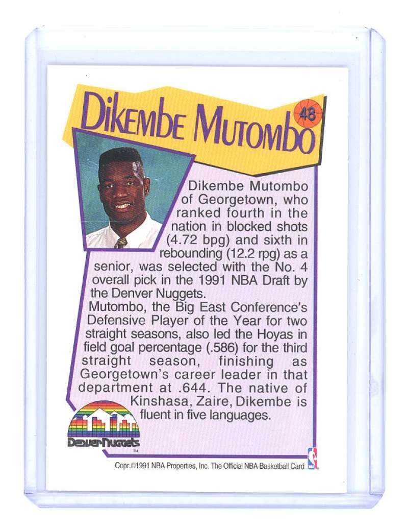 1991-92 hoops #48 DIKEMBE MUTOMBO denver nuggets rookie card- Image 2