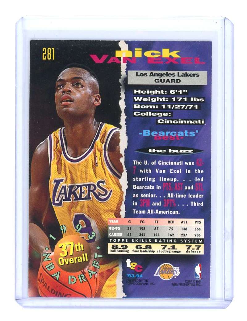 1993-94 topps stadium #281 NICK VAN EXEL los angeles lakers rookie card- Image 2