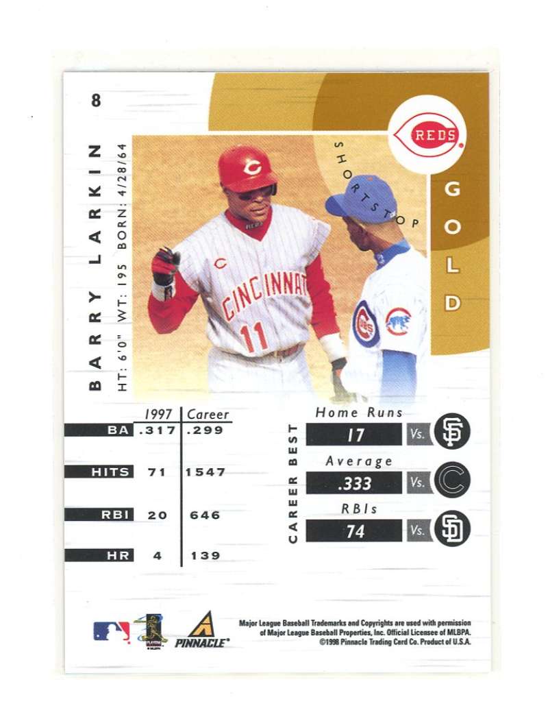 1998 Pinnacle Certified Mirror Gold #8 Barry Larkin Bankruptcy Test Issue Rookie Image 2