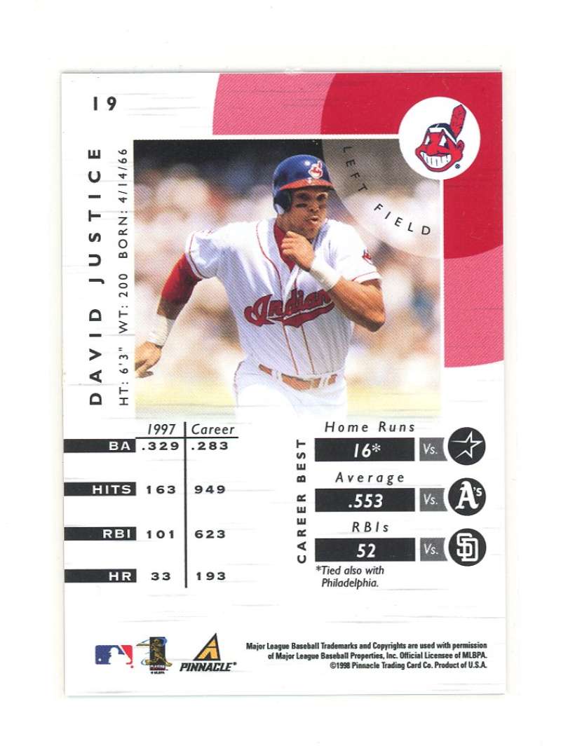 1998 Pinnacle Certified Red #19 David Justice Bankruptcy Test Issue Rookie Image 2