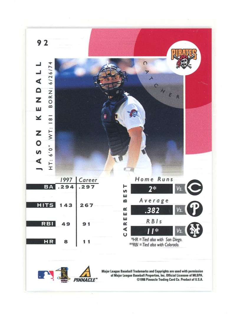 1998 Pinnacle Certified Red #92 Jason Kendall Bankruptcy Test Issue Rookie Image 2