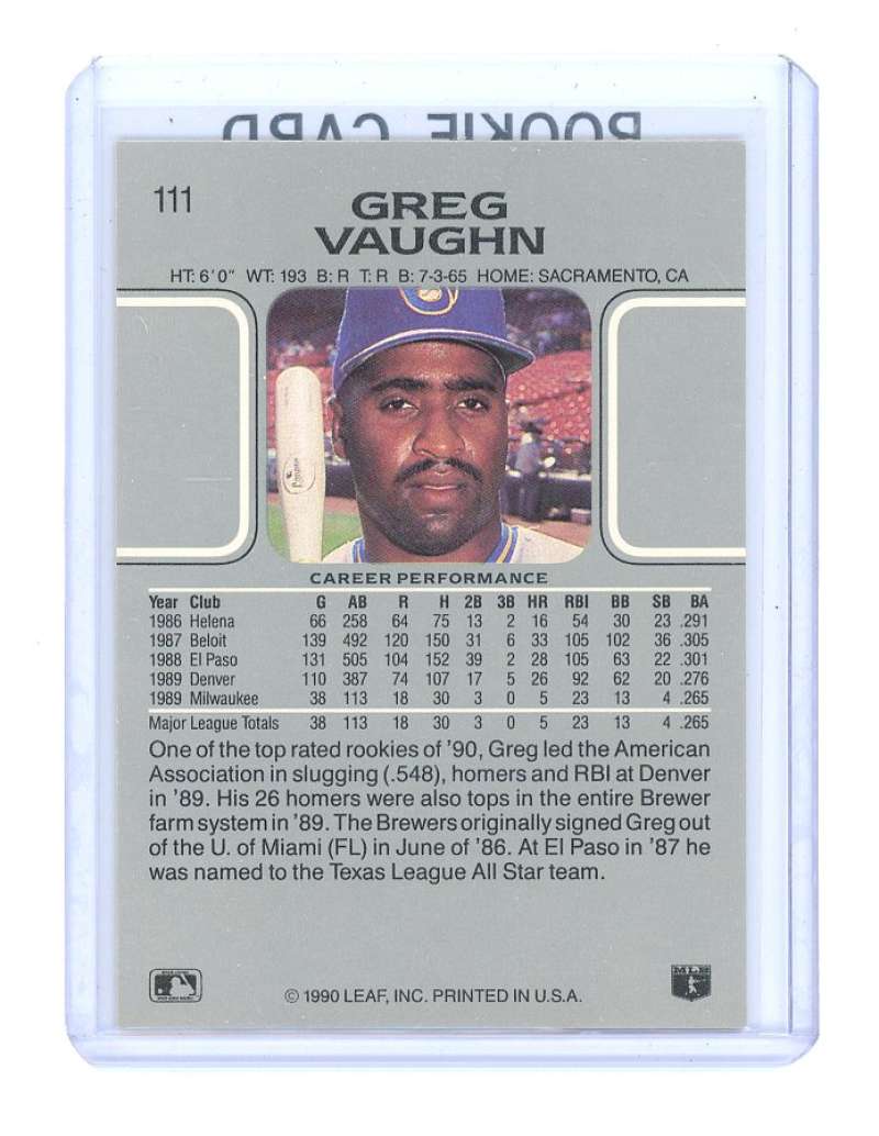 1990 Leaf #111 Greg Vaughn Milwaukee Brewers Rookie Card Image 2