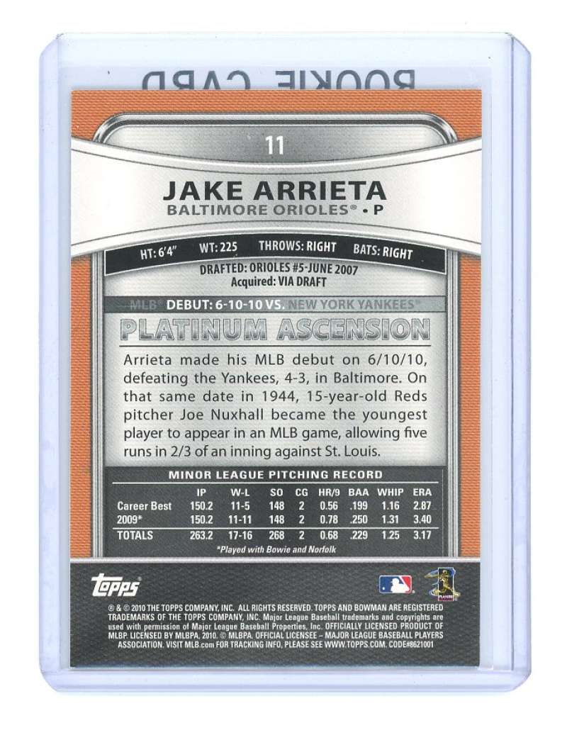 2010 Bowman Platinum #11 Jake Arrieta Baltimore Orioles Rookie Card Image 2