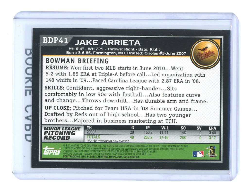 2010 Bowman Draft #BDP41 Jake Arrieta Baltimore Orioles Rookie Card Image 2