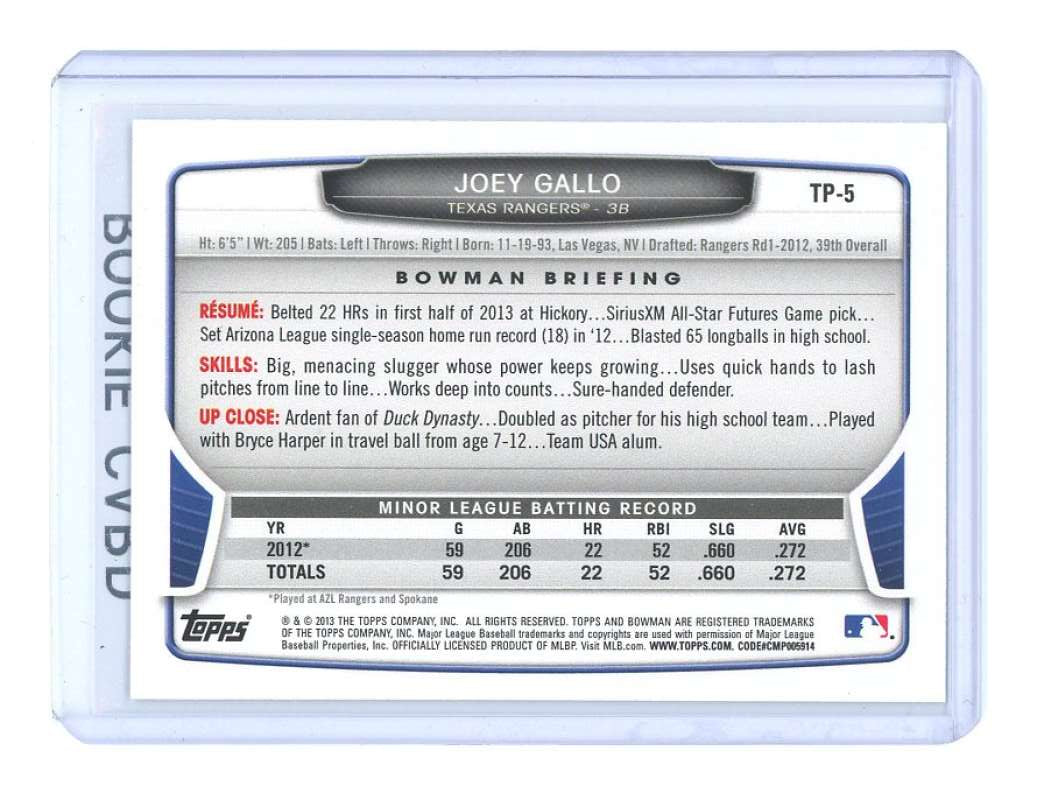 2013 Bowman Draft Top Prospects #TP5 Joey Gallo Texas Rangers Rookie Card Image 2