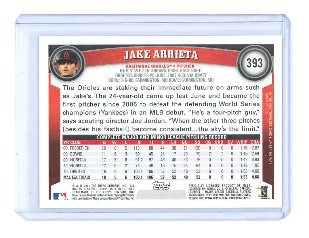 2011 Topps #393 Jake Arrieta Baltimore Orioles (2nd Year) Card Image 2