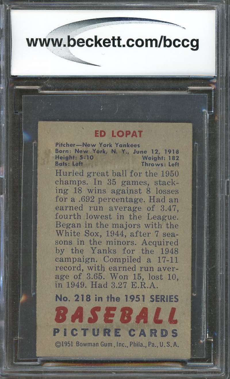 1951 bowman #218 ED LOPAT new york yankees (EXCELLENT or BETTER) BGS BCCG 8 Image 2