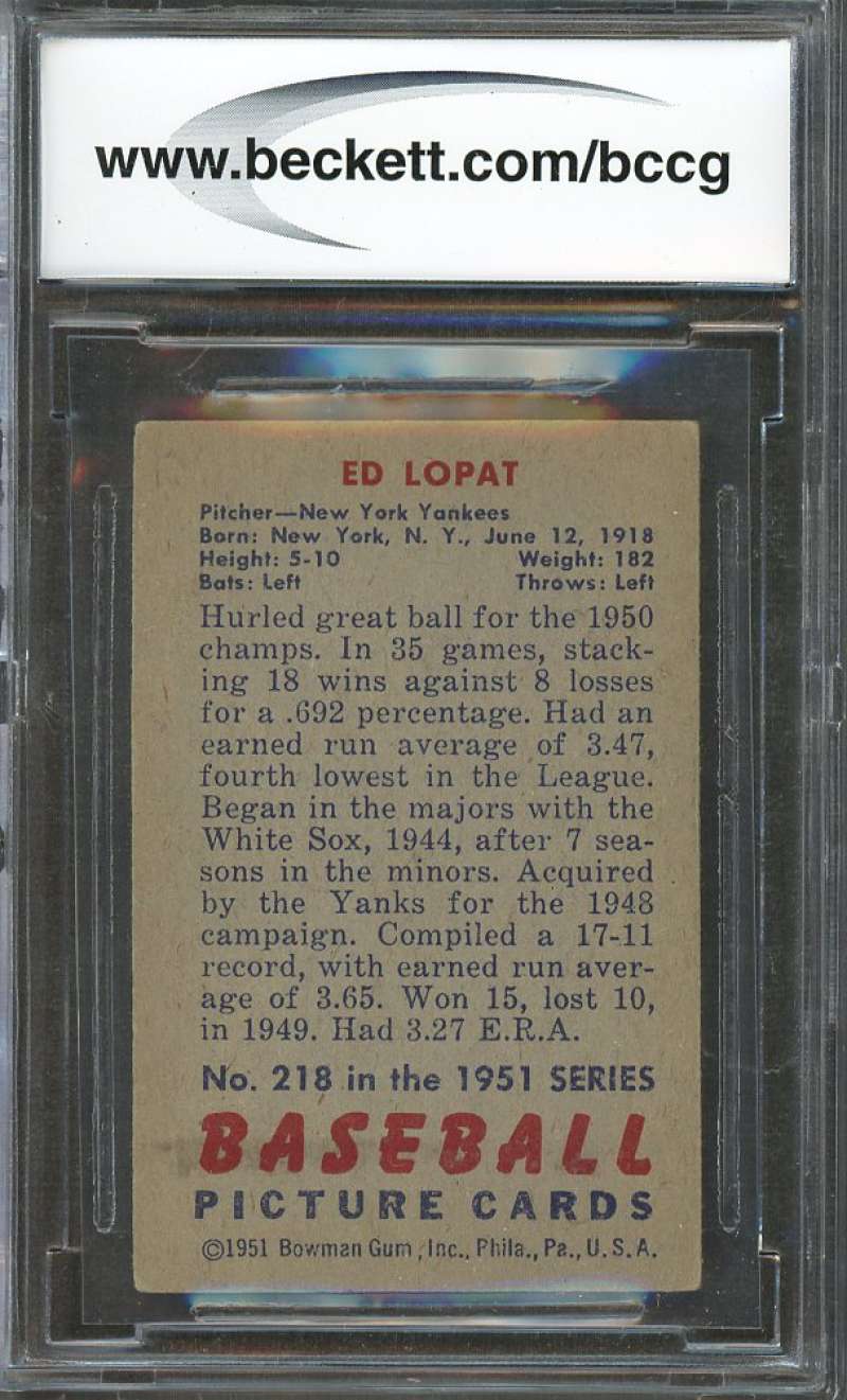 1951 bowman #218 ED LOPAT new york yankees (EXCELLENT or BETTER) BGS BCCG 8 Image 2