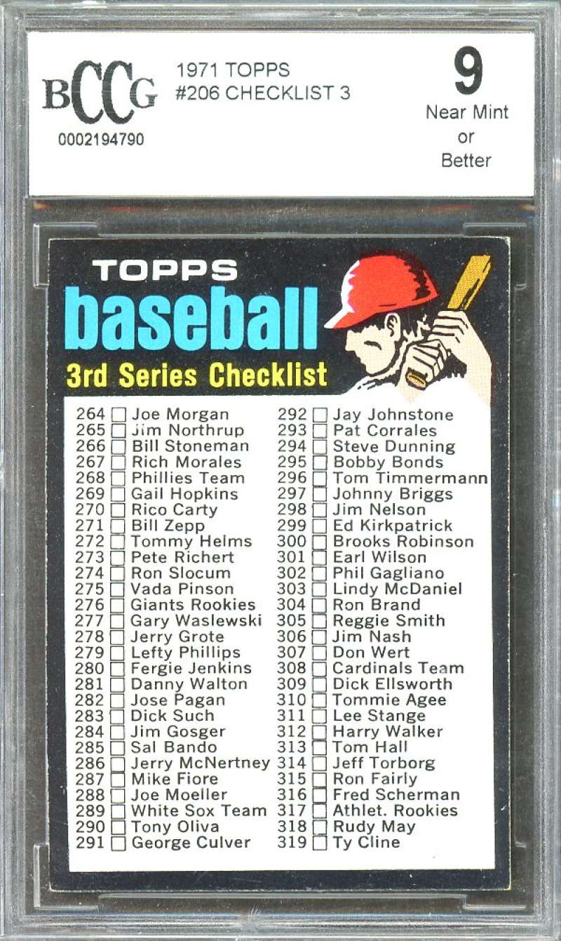 1971 topps #206 CHECKLIST 3 card (UNMARKED) (50-50 CENTERED) BGS BCCG 9 Image 1