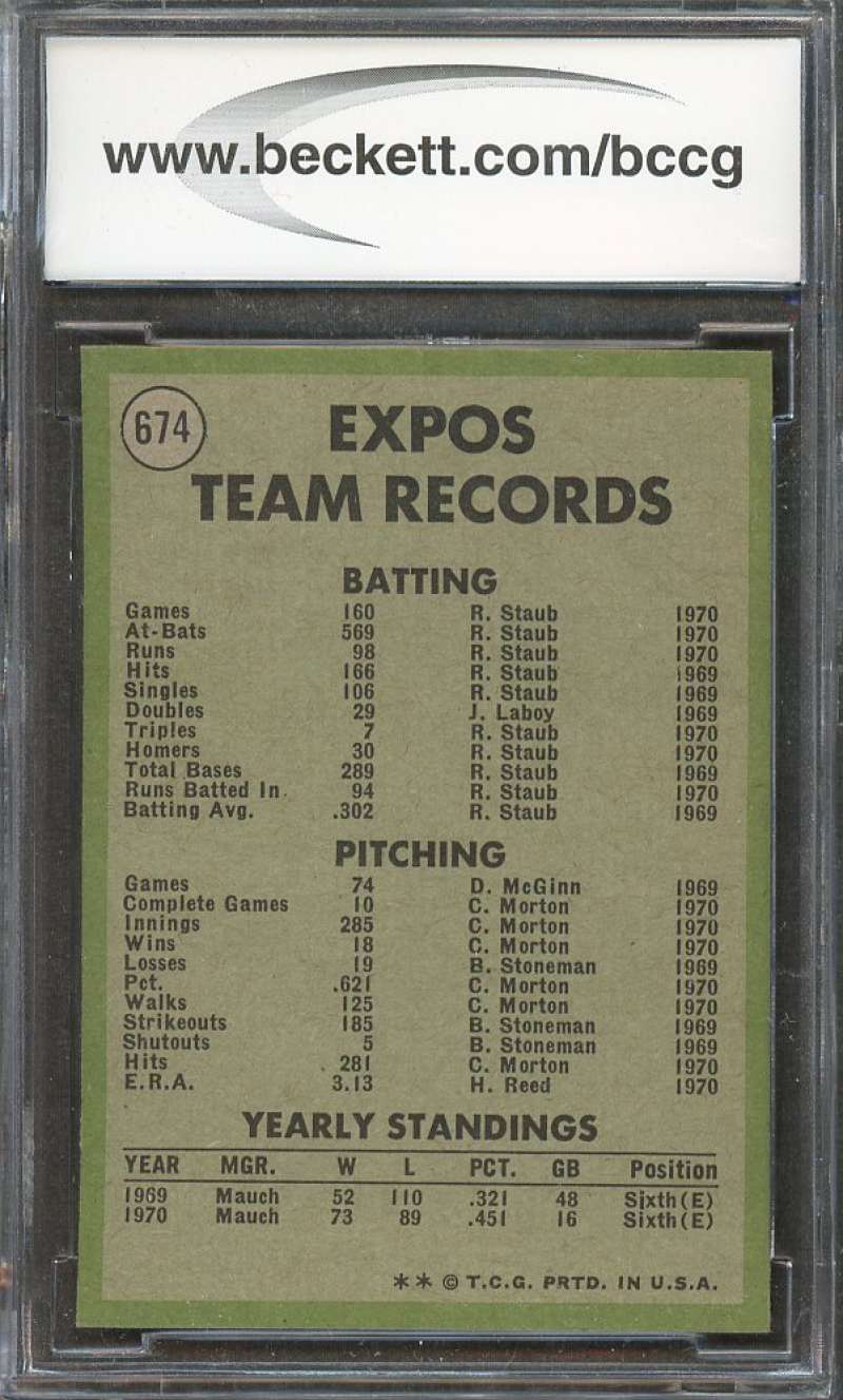 1971 topps #674 MONTREAL EXPOS team card (50-50 CENTERED) BGS BCCG 9 Image 2