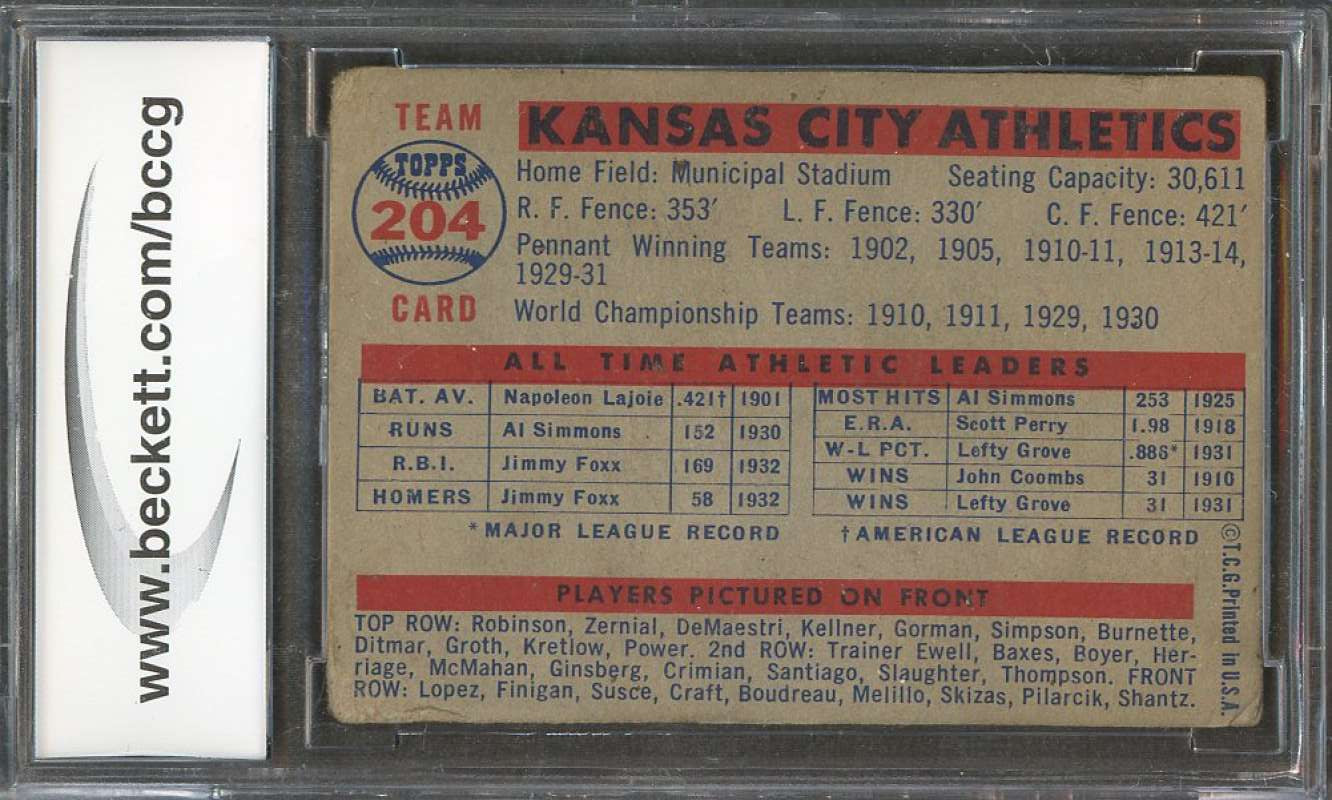 1957 topps #204 KANSAS CITY ATHLETICS TC team card BGS BCCG 6 Image 2