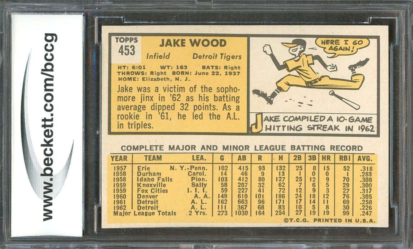 1963 topps #453 JAKE WOOD detroit tigers BGS BCCG 9 Image 2