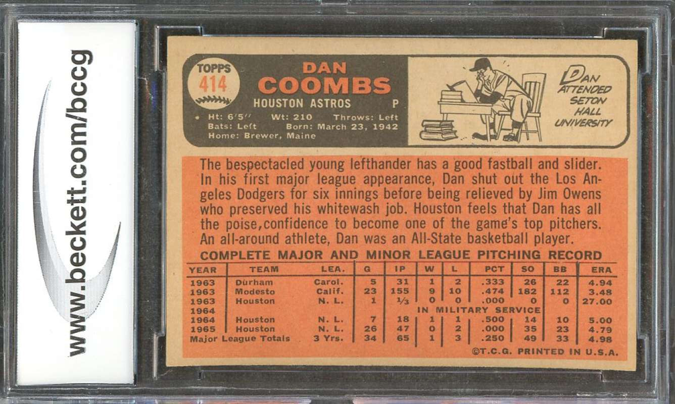 1966 topps #414 DAN COOMBS houston astros BGS BCCG 9 Image 2