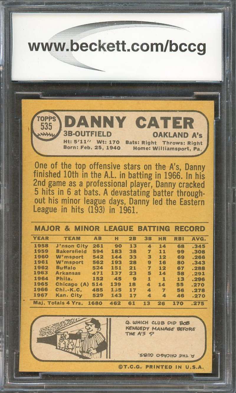 1968 topps #535 DANNY CATER kansas city athletics BGS BCCG 9 Image 2