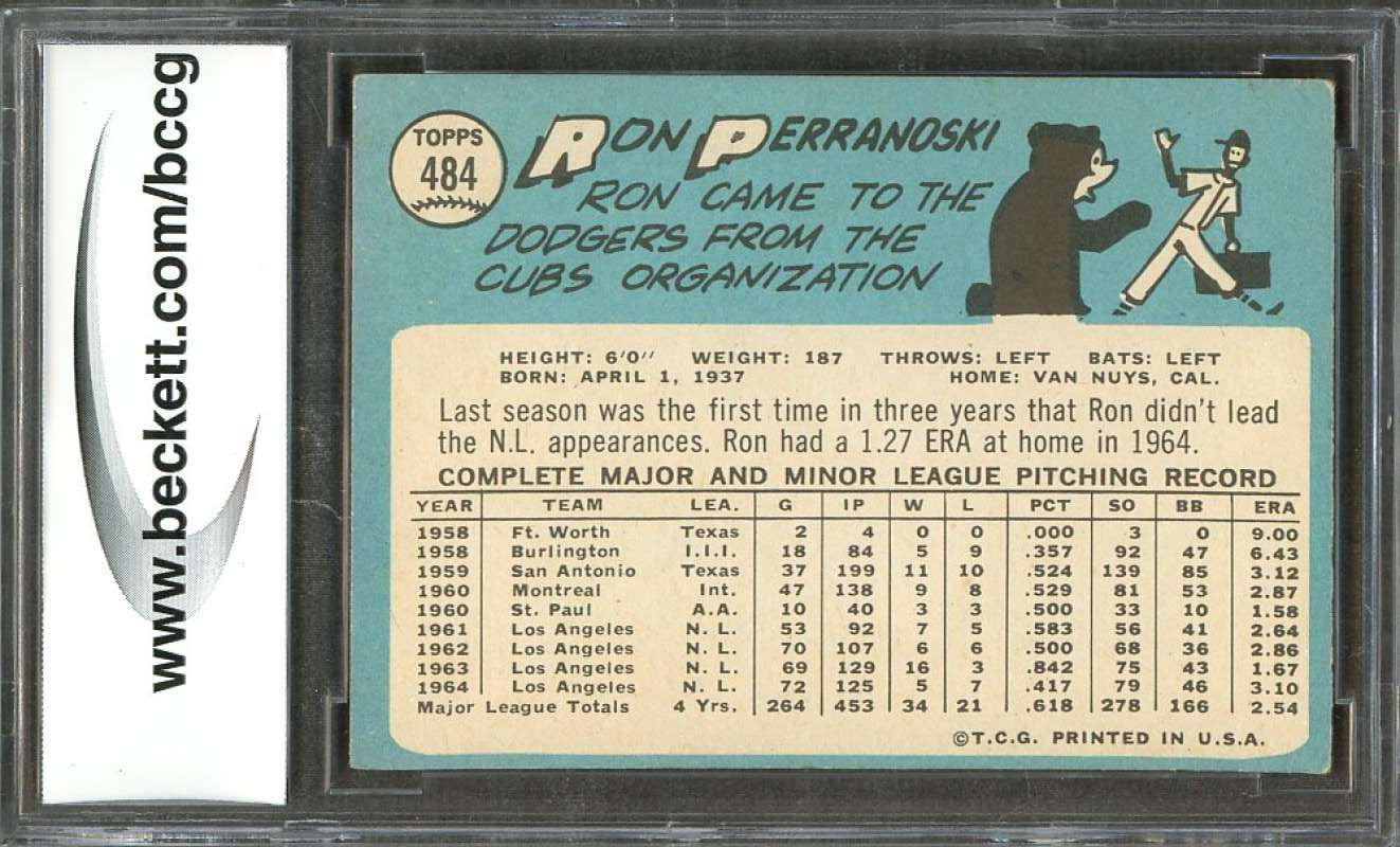 Ron Perranoski Card 1965 Topps #484 Los Angeles Dodgers BGS BCCG 7 Image 2