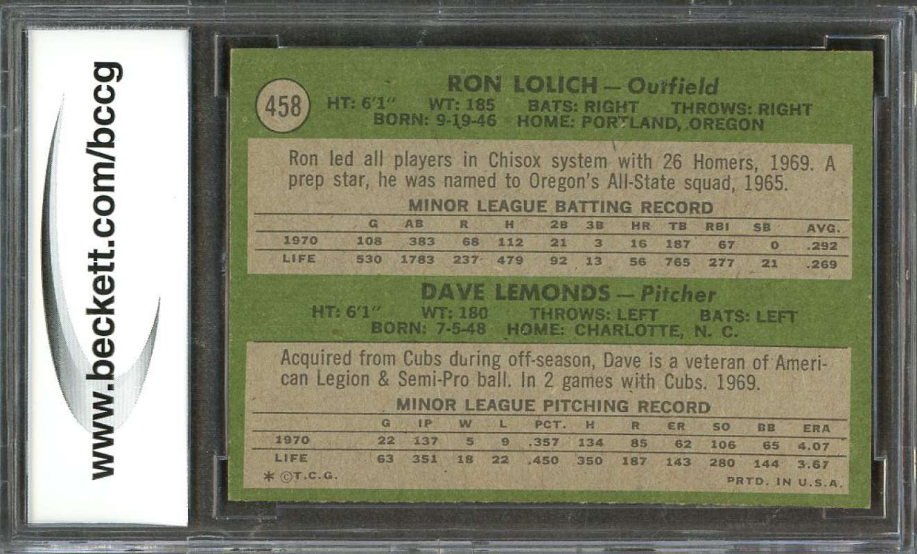 Ron Lolich / Dave Lemonds Rookie Card 1971 Topps #458 White Sox BGS BCCG 9 Image 2