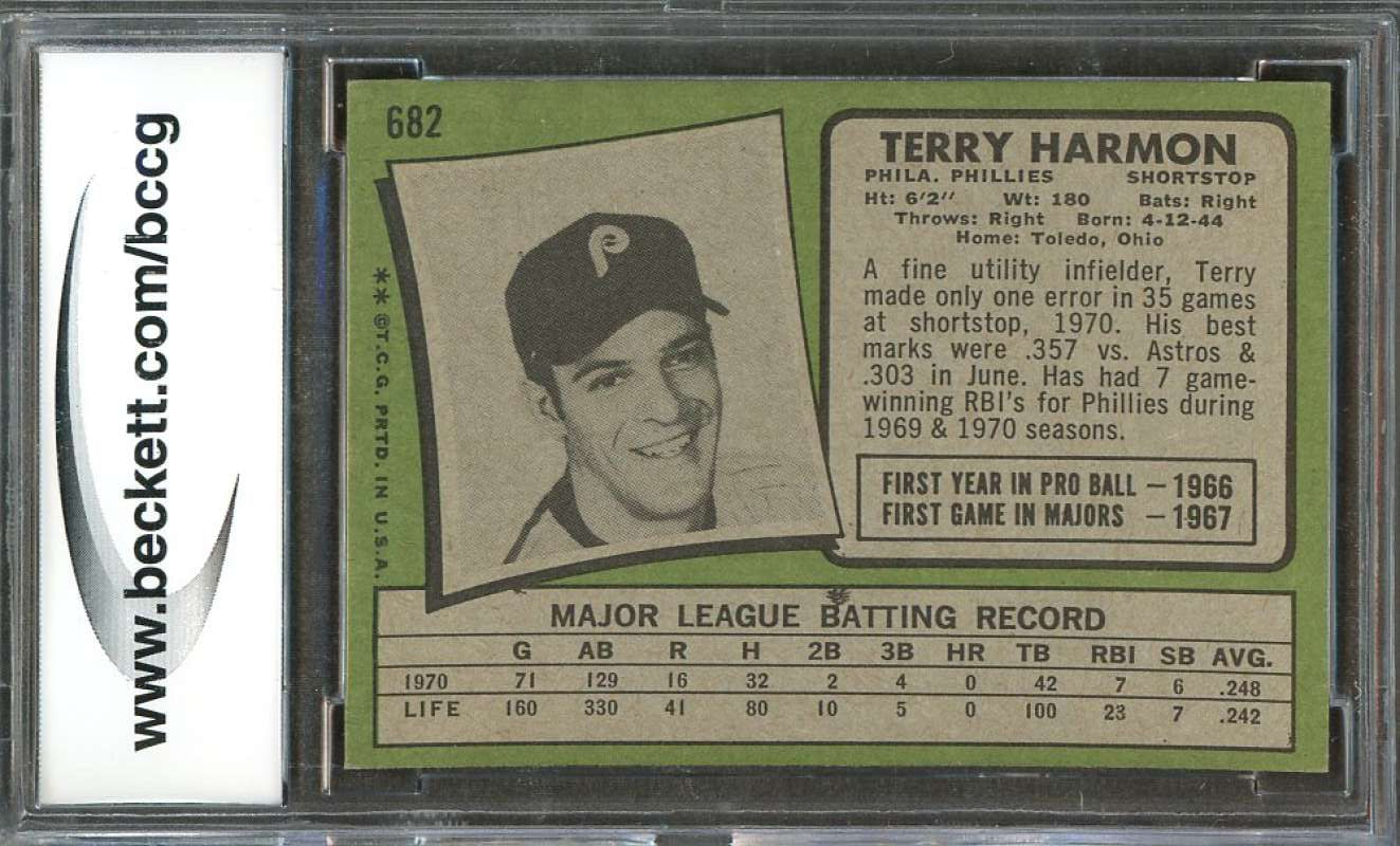 Terry Harmon Card 1971 Topps #682 Phillies (50-50 Centered) BGS BCCG 9 Image 2