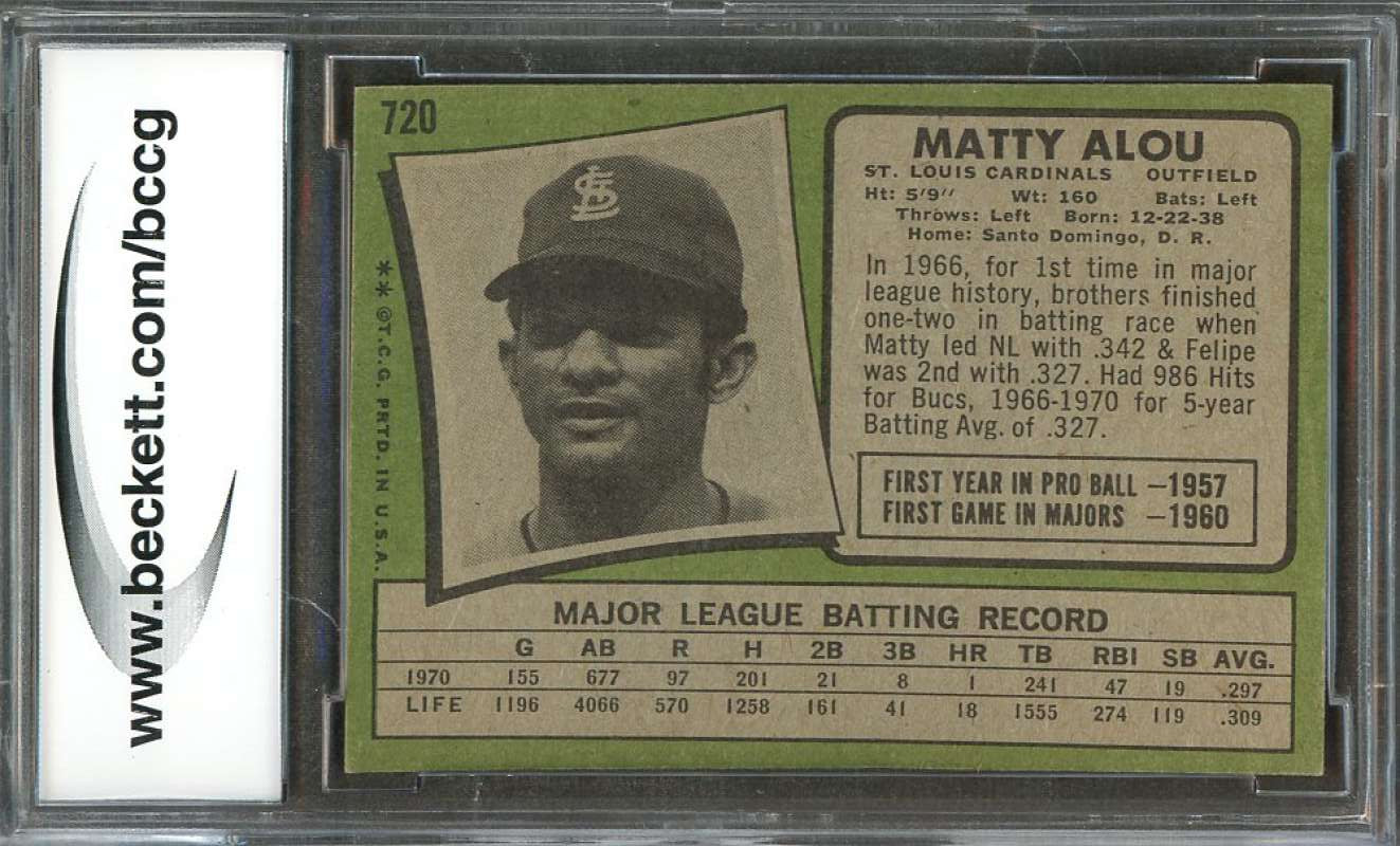 Matty Alou Card 1971 Topps #720 St Louis Cardinals BGS BCCG 9 Image 2